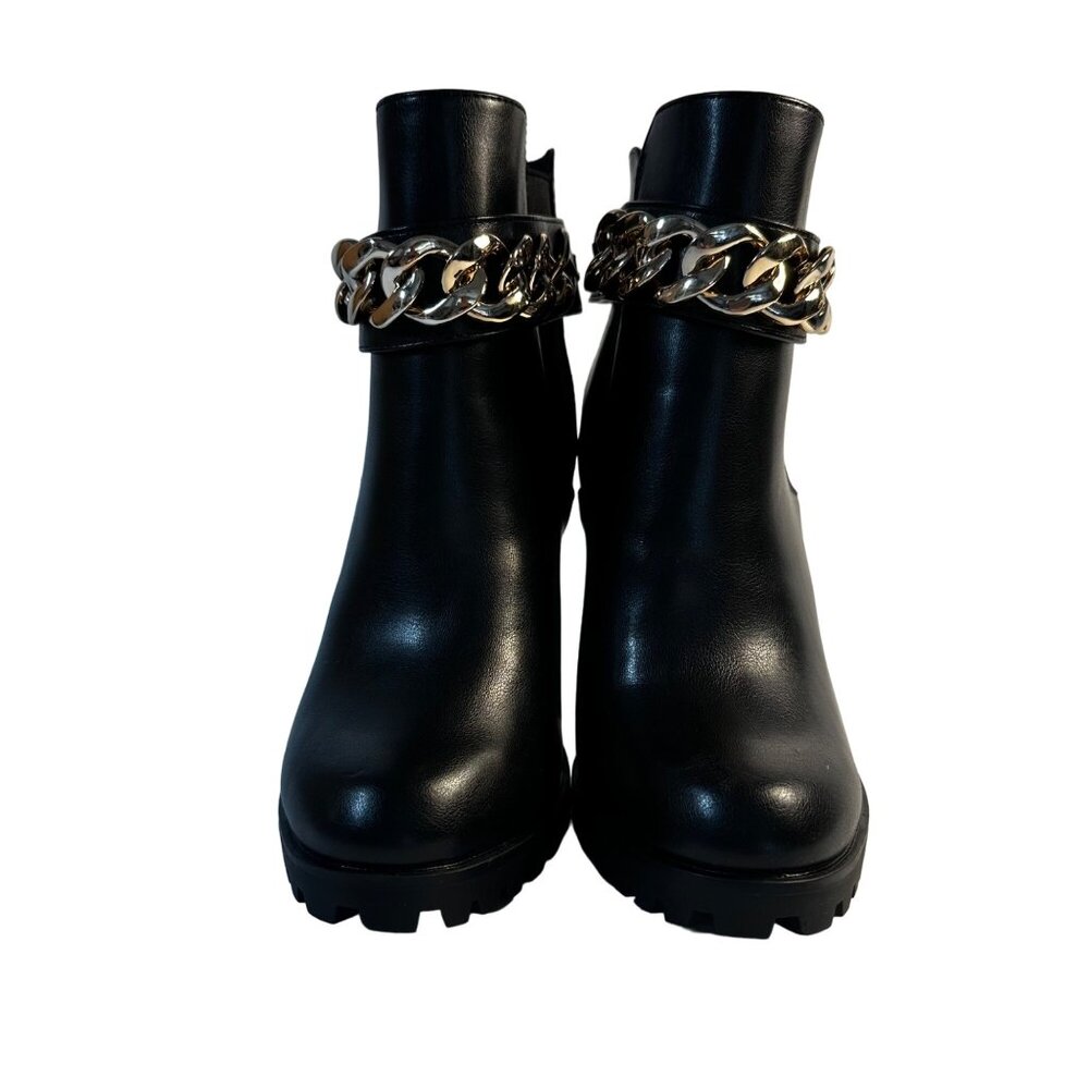 Shoedazzle Black Block Heel Ankle Booties 6.5 Gold Chain Mob Wife NWOB - Picture 2 of 7